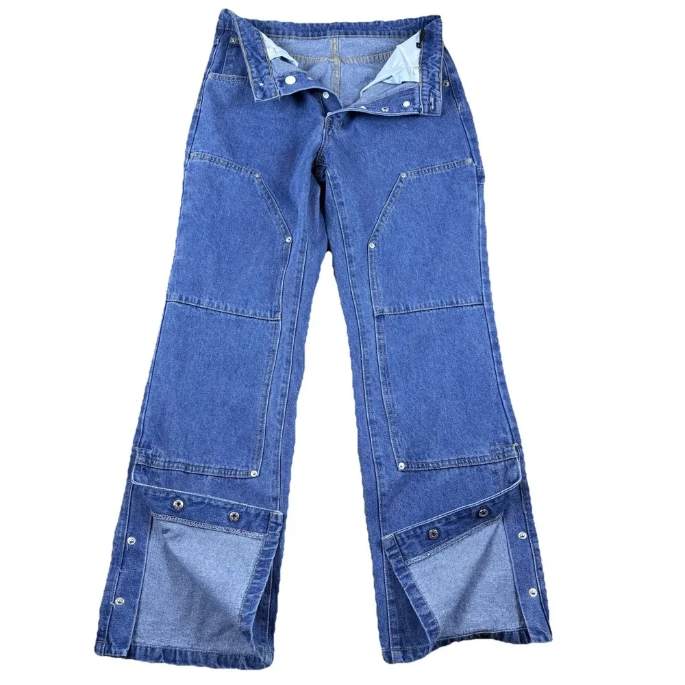 Mens Denim Cargo Jeans Blue‎ Medium Wide Leg Snaps Streetwear Utility Y2K Skater